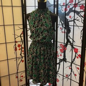 A New Day Green and Black Botsnical Smocked Halter Cut Dress